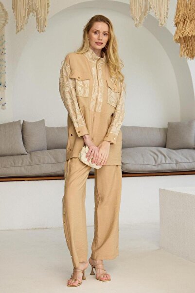 Nazen Giyim Gold Lace Embroidered Latte Women's Suit Ma24.22-2Y5