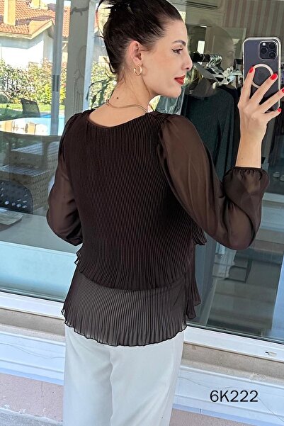 İnce Topuk 2 Layered Pleated Chiffon Blouse 6K222