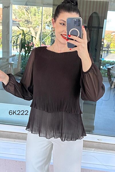 İnce Topuk 2 Layered Pleated Chiffon Blouse 6K222