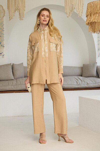 Nazen Giyim Gold Lace Embroidered Latte Women's Suit Ma24.22-2Y5