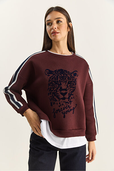 Bianco Lucci Women's Tiger Printed T-Shirt Detailed Fleece-Lined Sweatshirt 6975 60283871