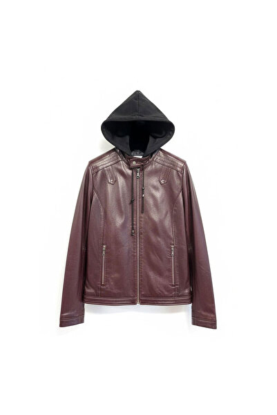 Deriderim Alfa Bordo Hooded Genuine Leather Men's Coat
