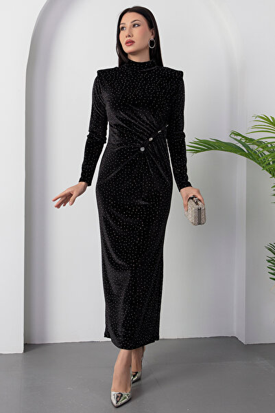 PULLIMM ψηλός λαιμός Φόρεμα από βελούδο με πέτρες βάτα τεμαχίων 2025-4411