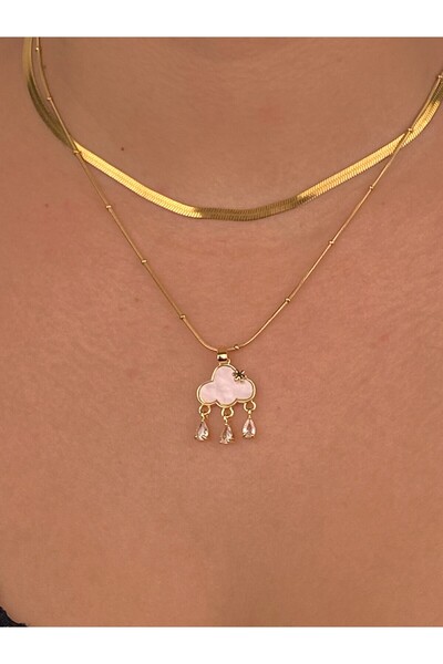 Furtek Aksesuar Pearlescent Cloud Rain Figure Gold Steel Necklace Combination Herringbone Snake Italian Chain Non-Tarnish Gift