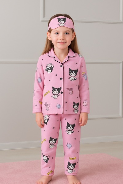 pistyle Kız Çocuk Kuromi Desenli Pembe Renki Uyku Bantlı Pijama Takımı