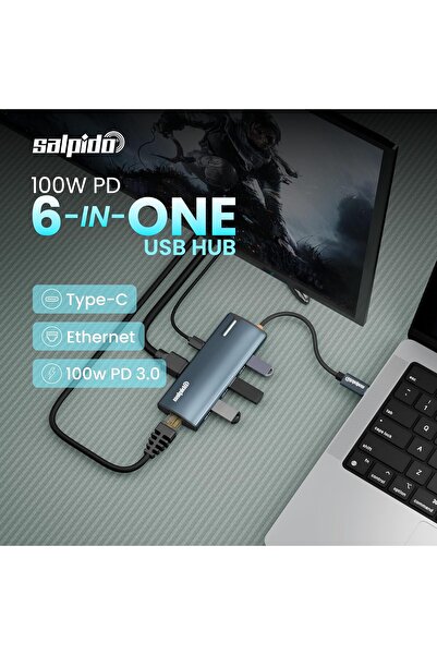Salpido 6in1 PD100W Type-C Hub Adapter DS-16H, LED lighting & 4K HD Display, Aluminum Alloy Material