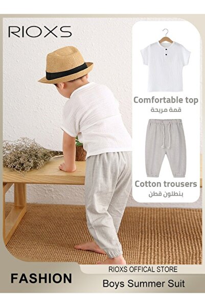 RIOXS 2PCS T-Shirt and Pants Set, Short Sleeved Cotton Shirt and Linen-cotton Pants, Fashionable Outfit fo
