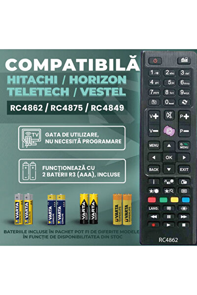 KNTECH Telecomanda compatibila Hitachi, Horizon, Teletech, Vestel, RC4849, RC4862, RC4875, baterii incluse