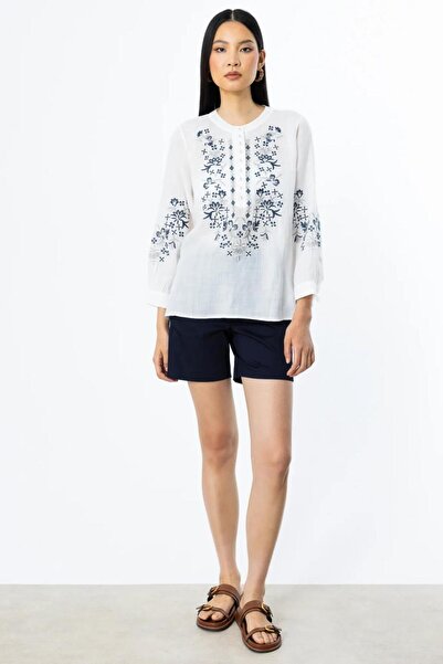 Nazen Giyim Half Button Embroidered Ecru Women's Blouse 3940-2Y5