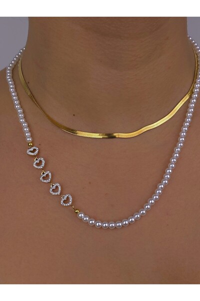 Furtek Aksesuar Pearl Minimal Heart Detail Italian Chain Combination Steel Necklace Set Non-Tarnish Gold Plated