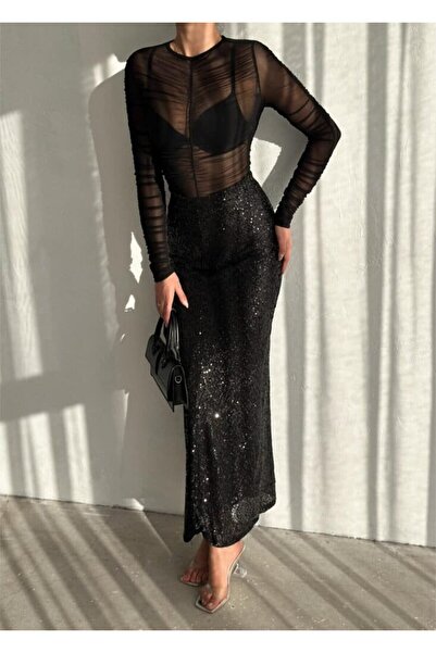 UNBOX Sequienned Black Long Skirt