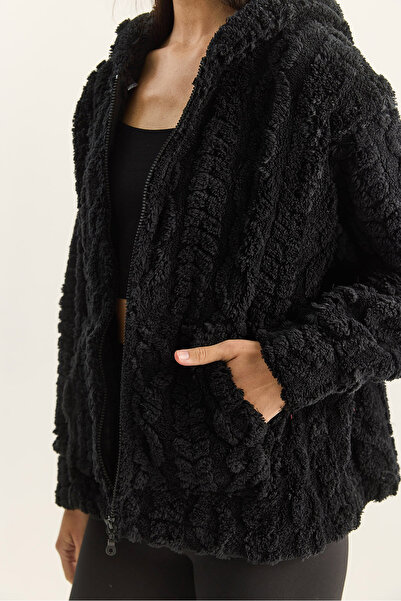 Bianco Lucci Women's Self-Patterned Zippered Hooded Plush Cardigan with Pocket Detail 4116 60283844