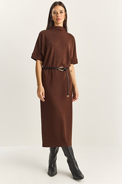 Bianco Lucci Women's Half Turtleneck Faux Leather Belted Steel Knitted Midi Dress 11052 60283854