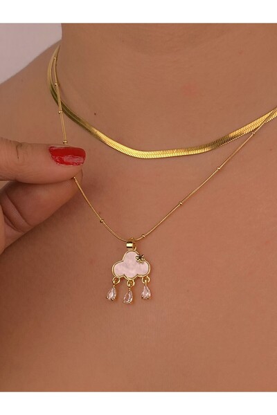 Furtek Aksesuar Pearlescent Cloud Rain Figure Gold Steel Necklace Combination Herringbone Snake Italian Chain Non-Tarnish Gift