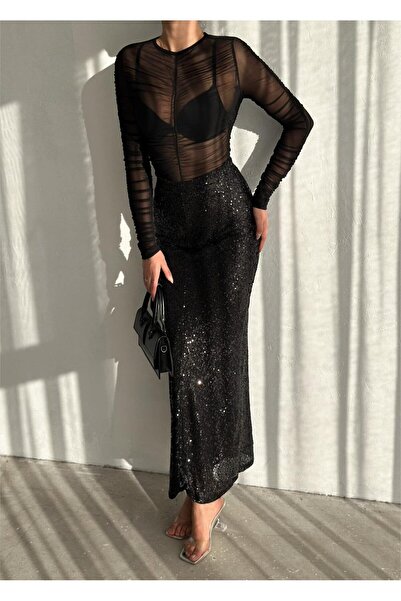 UNBOX Sequienned Black Long Skirt