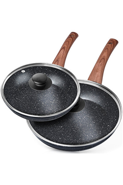 Other Set de tigăi din granit cu capace de sticlă Negru&Lemn 20 / 26 cm 2 bucăți