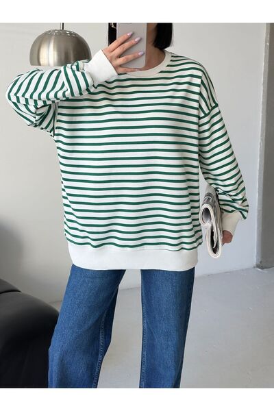 moda paketi Γυναικείο πράσινο ριγέ φούτερ oversized – Άνετο και κομψό casual στυλ