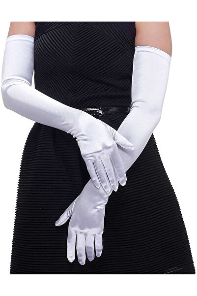 OEM Women's Faux Leather Sexy Long Gloves Sexy Wet Look Latex Elbow Length Long Gloves (White(Satin