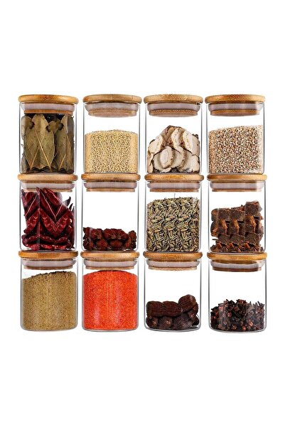 BLOOMING TIME 12-Piece Glass Jars with Wooden Lid for Stylish Spice Organizat...