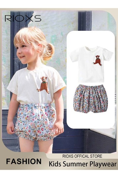RIOXS Toddler Girls Top and Short Sets Kids Short Sleeve Shirt Short Pants Su...