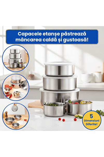 OferteTop Set of 5 Stainless Steel Casseroles With Plastic Lids For Food Storage