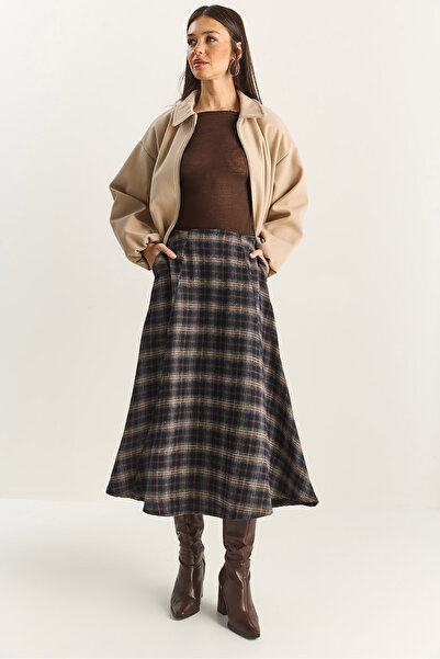 Bianco Lucci Fusta lungă A croială cu model în carouri pentru femei, cu detaliu de buzunar 60283870