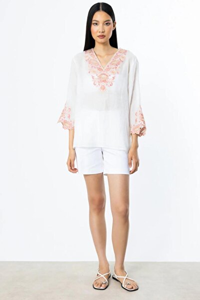 Nazen Giyim Embroidered linen ecru women's blouse 3936-2y5