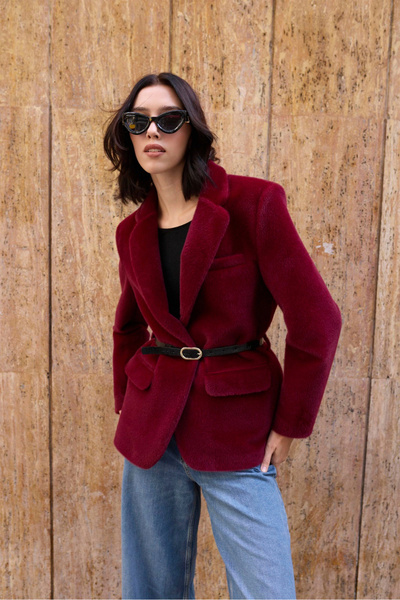Myra Alpaca Textured Belted Burgundy Plush Jacket