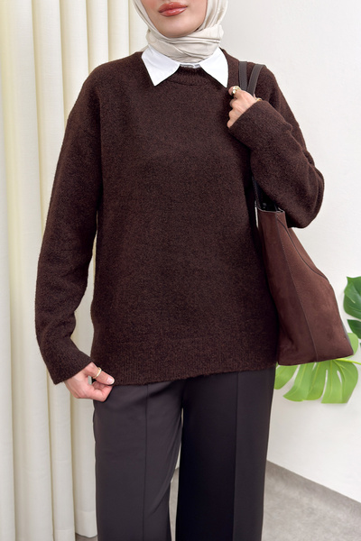 Salih Çelebi Soft Textured Oversized Knitwear Sweater 07320 - Brown