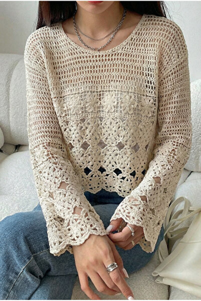 FEMELLE Women's Beige Crochet Blouse