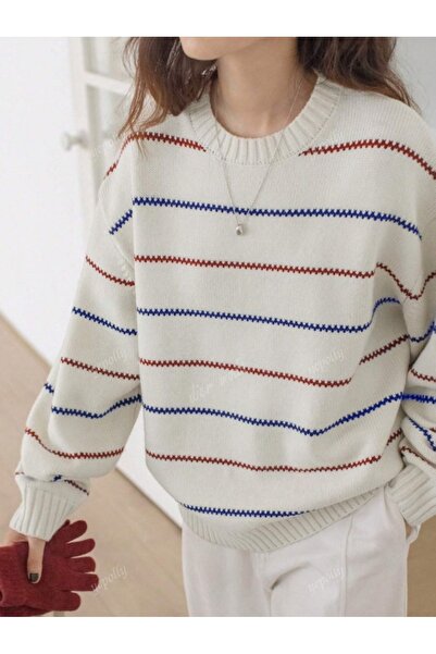 Dier Moda Pulover tricotat pentru femei supradimensionat – cu dungi de culoare albă, textura confortabilă și moale Fmoda1989