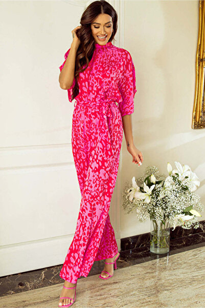 WildFashion Elegant/casual short-sleeved jumpsuit, made of lightweight material with abstract print, Fuchsia A865-55
