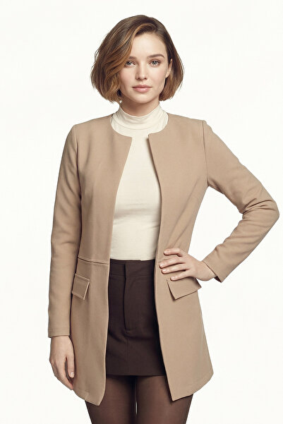 armonika Women's Beige Waist Stitched Long Jacket Arm-26K001017