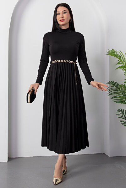 PULLIMM Half Fisherman Skirt Pleated Belted Dress 2025-4400