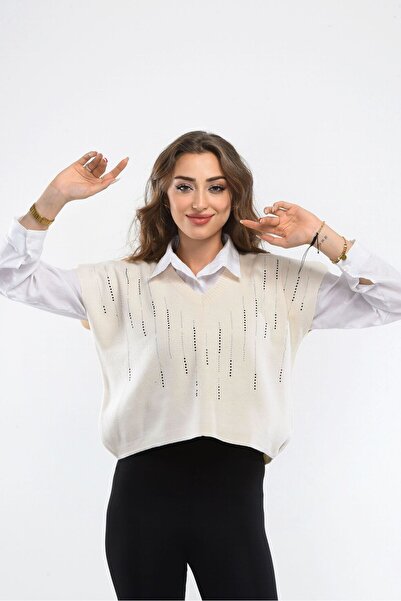 H&E LUXURY DESIGN Women's V-Neck Stone Detailed Comfortable Sweater