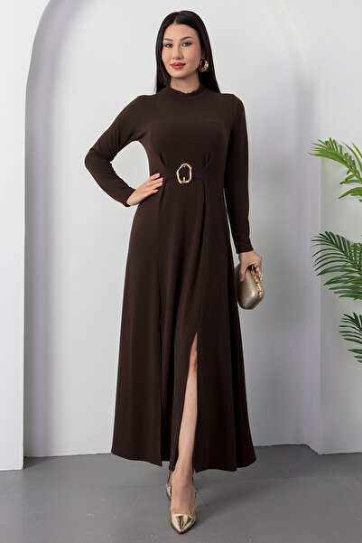 PULLIMM Mock Neck Long Sleeve Buckle Acrylic Dress 2025-4407