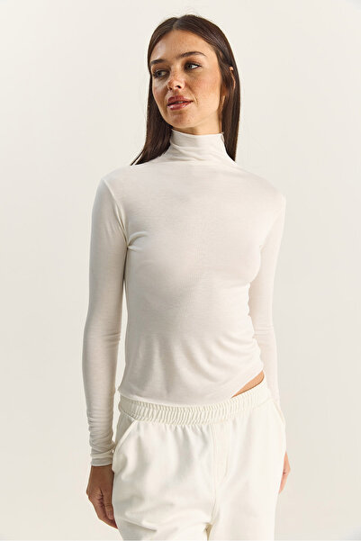 Bianco Lucci Women's Transparent Mock Neck Flexible Regular Length Knitted Blouse 6090 60283890