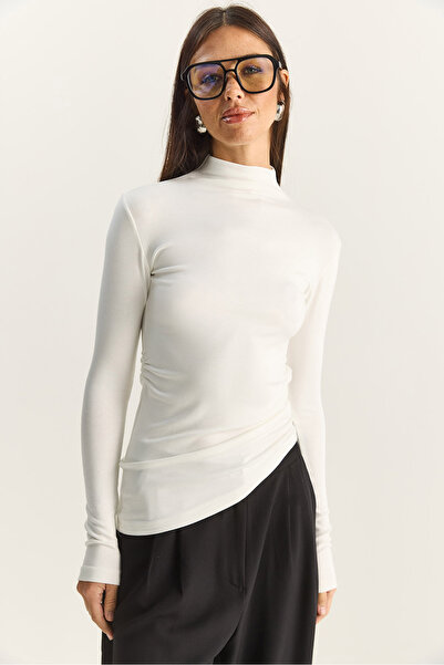 Bianco Lucci Γυναικεία μπλούζα με μαλακή αφή με μισό ζιβάγκο με κορδόνια Basic 1014 60283889