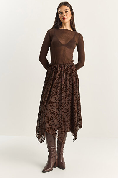 Bianco Lucci Fusta midi asimetrică cu talie elastică croială pentru femei, cu model din catifea, căptușită DE251125 60283880