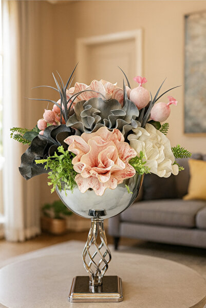 İSHTAR DEKOR LÜKS BURGU MODEL - LATEX ARANJMAN - METAL GÜMÜŞ SAKSI