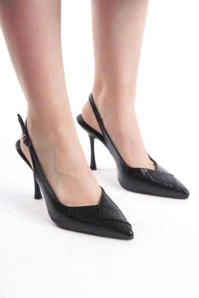 asmi shoes Women's Soci Black Patent Leather 9 cm Thin Heeled Pointed Toe Open Back Design Stiletto