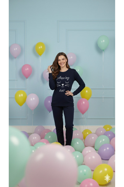 FAMES PİJAMA Зимовий комплект піжами з полару з вишивкою КІШКА