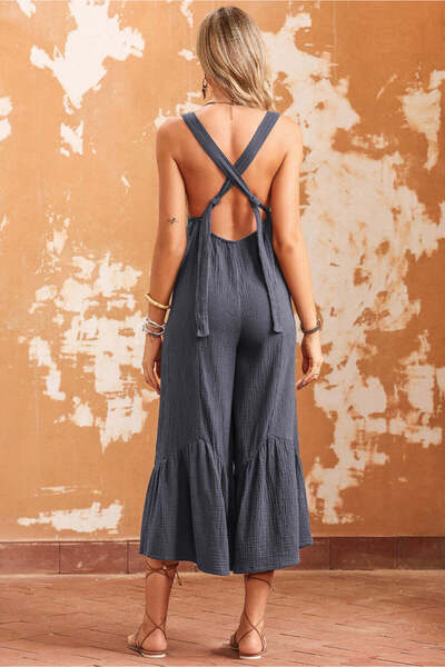 WildFashion Casual sleeveless jumpsuit with wide collar and pant skirt, Dark Grey P805-181