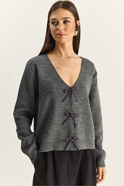 Bianco Lucci Women's Pearl Bow Accessory V-Neck Knitwear Cardigan Th251070 60283885