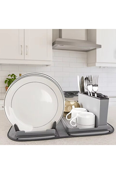 OEMG Foldable Dish Rack, Quick Drain, Drip Tray and Removable Utensil Holder 43x35x15cm