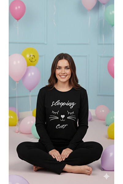 FAMES PİJAMA Winter Fleece Pajama Set Cat Embroidery