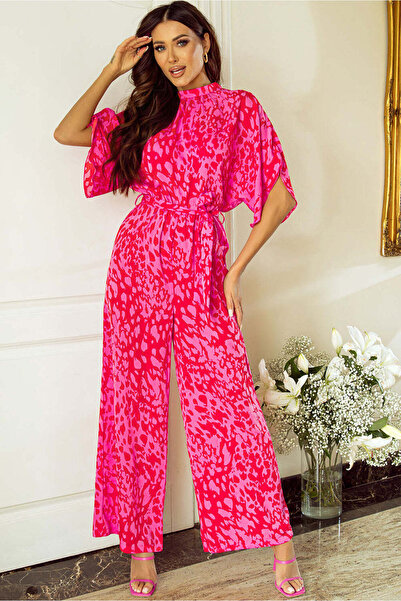 WildFashion Elegant/casual short-sleeved jumpsuit, made of lightweight material with abstract print, Fuchsia A865-55