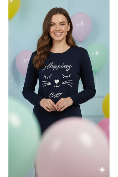 FAMES PİJAMA Зимовий комплект піжами з полару з вишивкою КІШКА