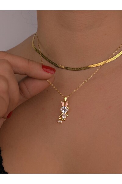 Furtek Aksesuar Rabbit with Bag Gold Steel Necklace Italian Chain Combination Set 2-Piece Necklace Gift Minimal Tarnish-Free