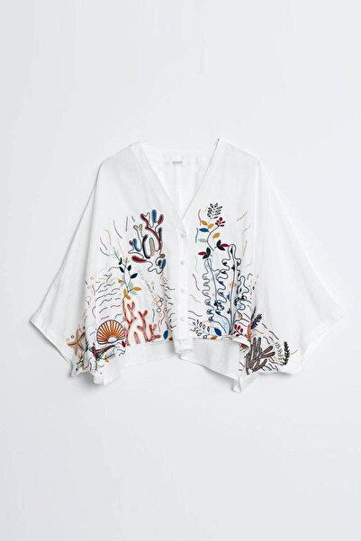 Nazen Giyim Embroidered V-Neck Ecru Women's Blouse M37049-2Y5